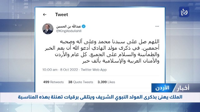 الملك يهنئ بذكرى المولد النبوي الشريف ويتلقى برقيات تهنئة بهذه المناسبة