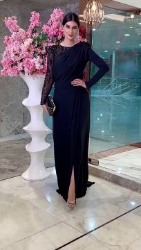Aliyah Embellished Black Long Sleeves Gown