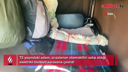 Karavana çevirdiği 3 tekerli elektrikli bisikletle tatil keyfi