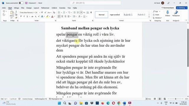 Argument text om samband mellan pengar och lycka - موضوع سويدي عن العلاقة بين المال والسعادة