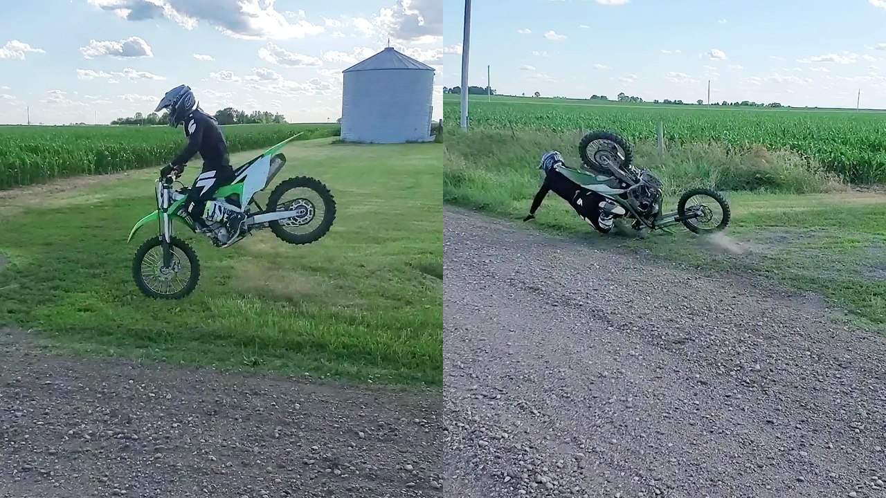 Beginner dirtbike rider crashes after botched wheelie attempt