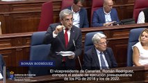 El consejero de Hacienda, Román Rodríguez, habla en el pleno del Parlamento de Canarias sobre ejecución presupuestaria