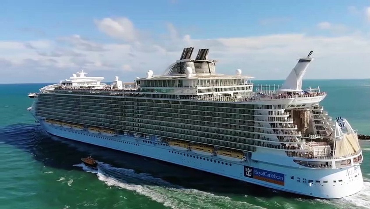 Drone video of Royal Caribbean's Allure of the Seas and Navigator of the Seas leaving PortMiami.