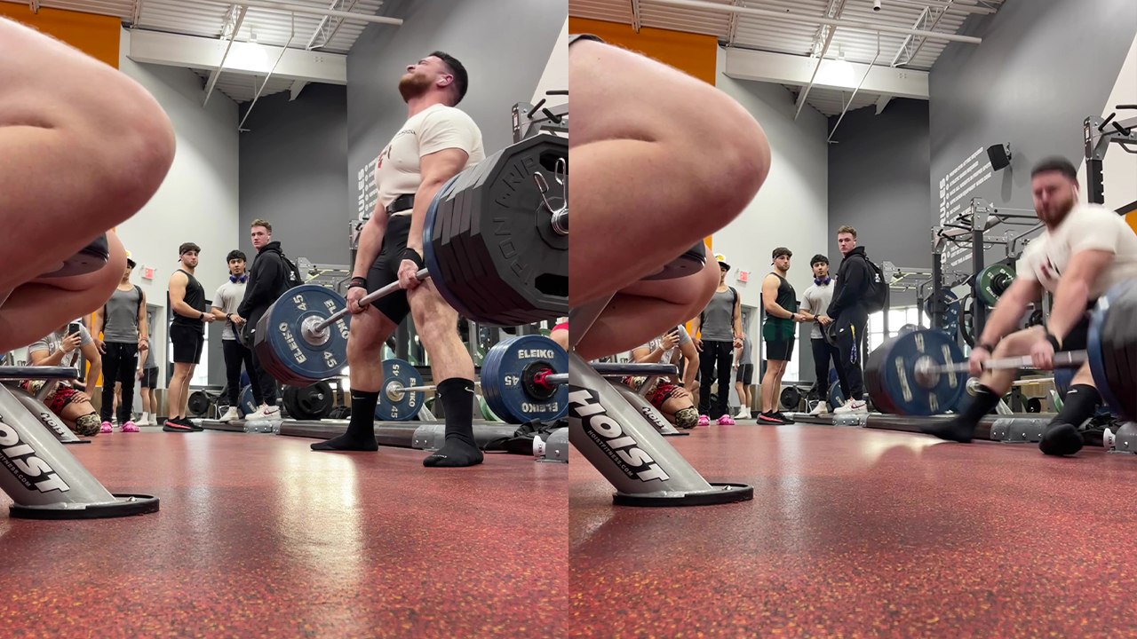 Deadlifter falls on his butt after botched attempt at maxing out