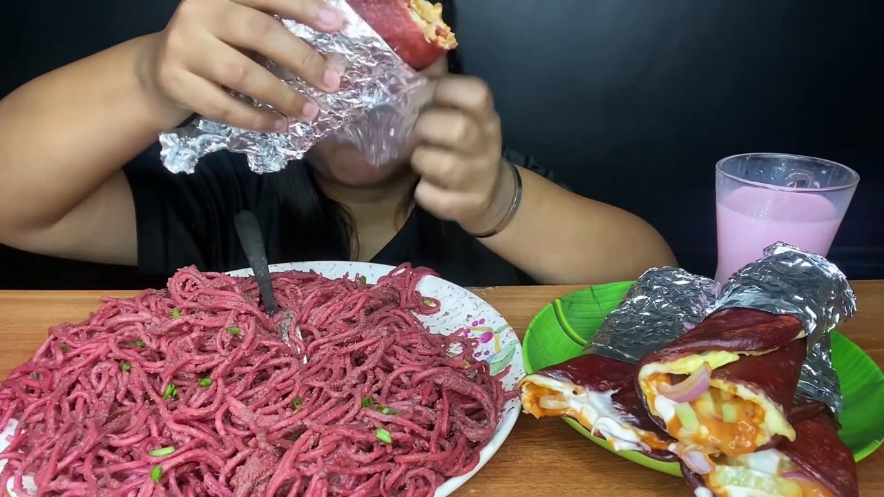 PINK FOOD EATING_ PINK NOODLES -- PINK EGG ROLLS_ PINK DRINK _BIG BITES MUKBANG _FOOD EATING VIDEOS