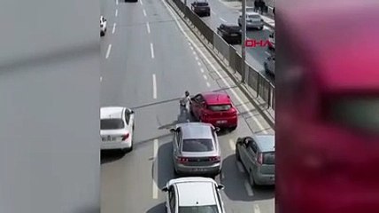Trafiği durdurup kediyi ezilmekten kurtardı