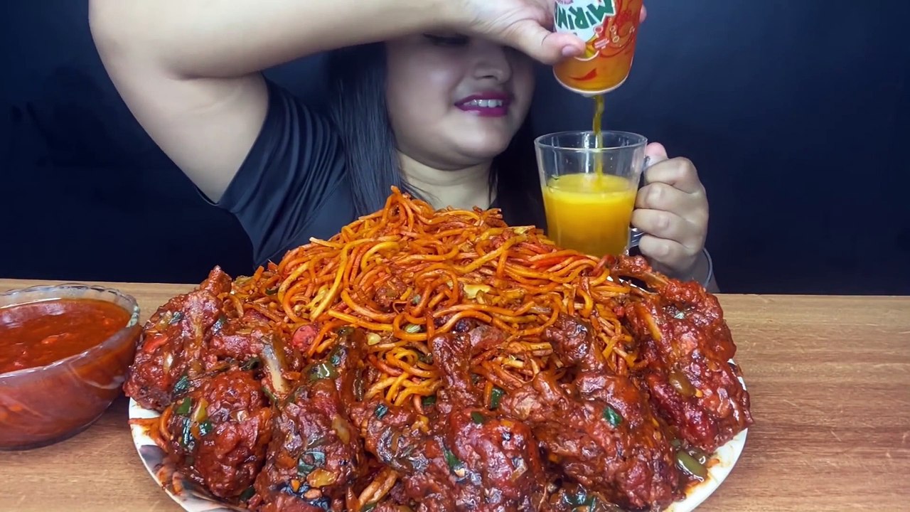 SPICY CHICKEN SCHEZWAN NOODLES -- WITH CHICKEN LOLLIPOP -- _ BIG BITES MUKBANG _ FOOD EATING VIDEOS