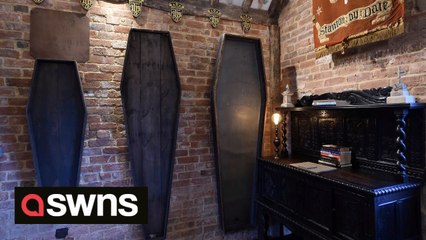 Holidaymakers can rest in peace by booking into a converted funeral home decorated with COFFINS