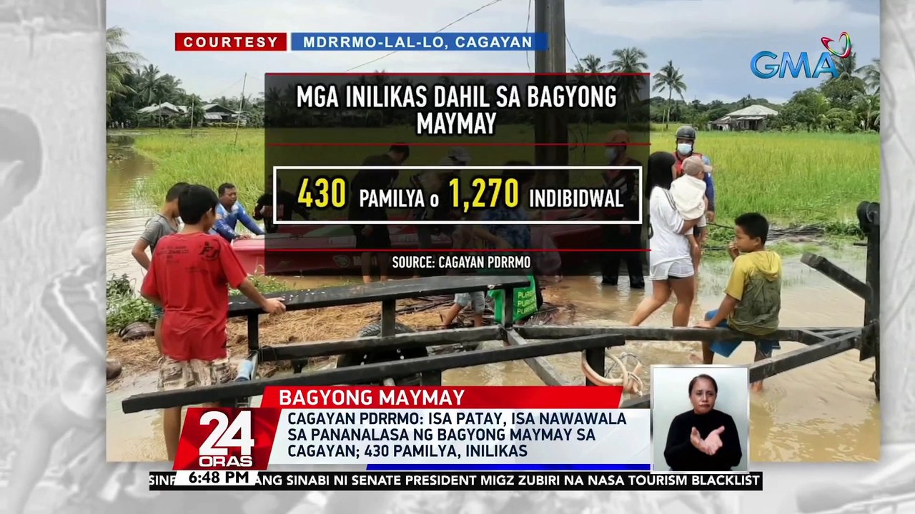 Cagayan PDRRMO: isa patay, isa nawawala sa pananalasa ng Bagyong Maymay sa Cagayan; 430 pamilya, inilikas | 24 Oras