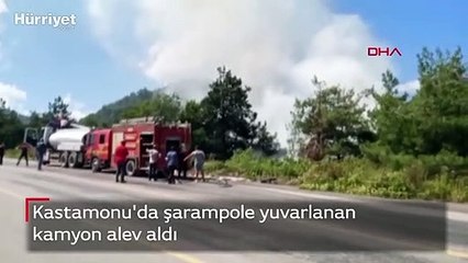 Kastamonu'da şarampole yuvarlanan kamyon alev aldı
