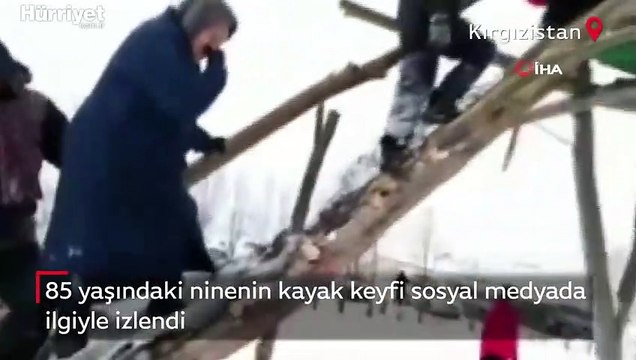 Kırgızistan'da 85 yaşındaki ninenin kayak keyfi sosyal medyada ilgiyle izlendi