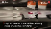 Oto galeri sitesinin otoparkında stoklanmış onlarca araç böyle görüntülendi