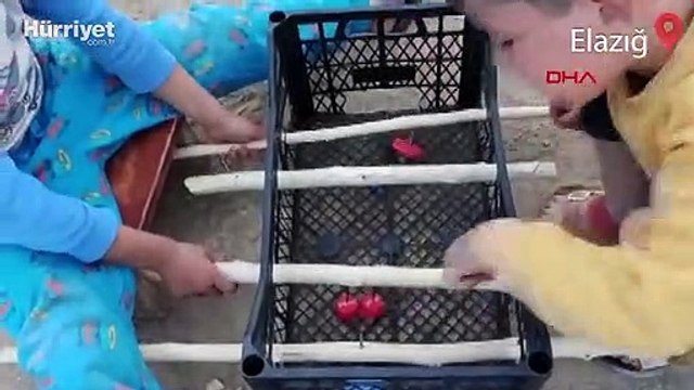 Çocuklar için meyve kasasından langırt yaptı