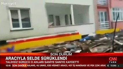 Aracıyla selde sürüklendi her şeyi kaydetti