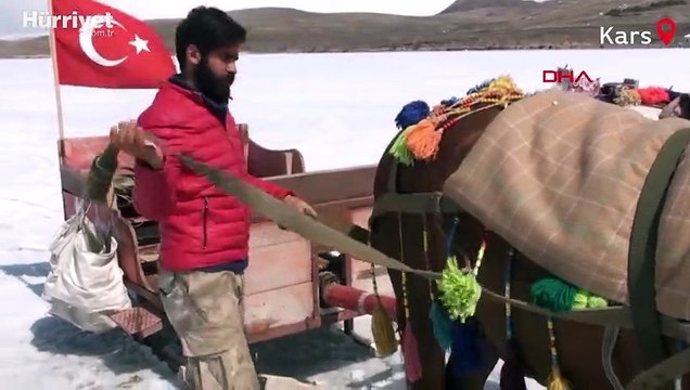 Çıldır Gölü'nde 'atlı kızak' keyfi devam ediyor