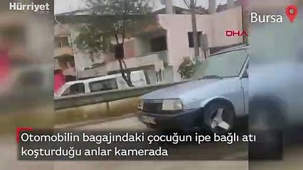 Bursa'da otomobilin bagajındaki çocuğun ipe bağlı atı koşturduğu anlar kamerada