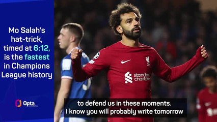 下载视频: Klopp hoping things will 'work well' for Salah after fastest UCL hat-trick