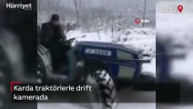 Karda traktörlerle drift yaptılar