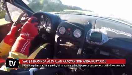 Yarış esnasında alev alan araçtan son anda kurtuldu