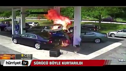 Benzin istasyonuna çarpan sürücü böyle kurtarıldı