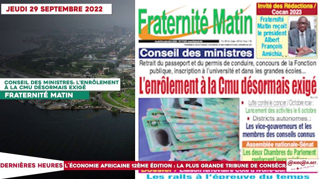 Le Titrologue du 29 septembre 2022- Conseil des ministres- l'enrôlement à la CMU désormais exigé