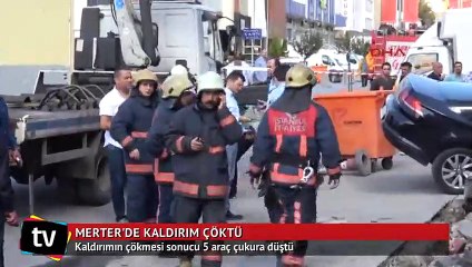 Merter'de kaldırım çöktü, araçlar çukura düştü