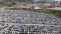 Gümrükte bekleyen binlerce araç havadan görüntülendi