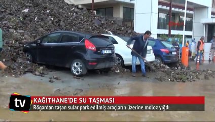 Rögardan taşan sular park edilmiş araçlara moloz yığdı