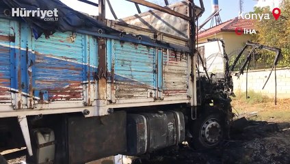 Konya’da park halindeki kamyon yandı