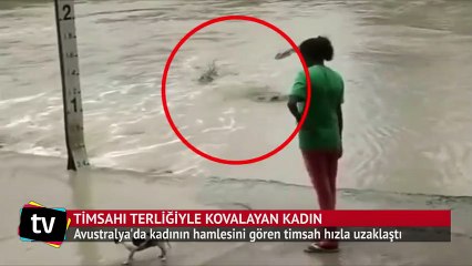 Timsahı terliğiyle kovalayan kadın
