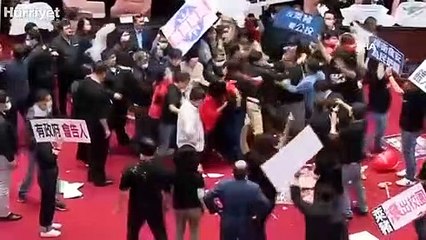 Tayvan parlamentosunda milletvekilleri birbirine bağırsak fırlattı