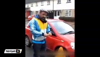 Bağlanan otomobilini balyozla parçaladı