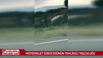 Motosiklet sürücüsünün karayolunda tehlikeli yolculuğu