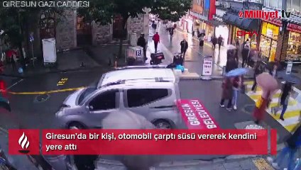 Otomobil çarptı süsü vererek, kendini yere attığı anlar kamerada
