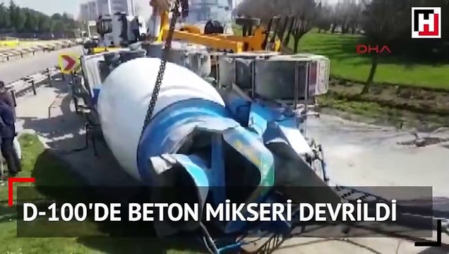 D-100 karayolu Kartal mevkiinde beton mikseri devrildi