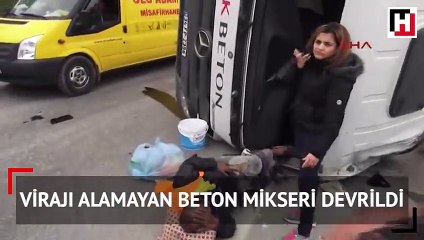 Virajı alamayan beton mikseri devrildi