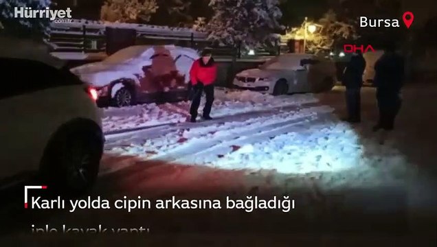 İlginç anlar! Karlı yolda cipin arkasına bağladığı iple kayak yaptı