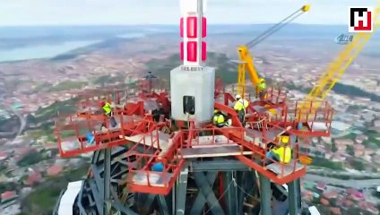 Construction of TV tower in Istanbul’s Çamlıca viewed by aerial camera