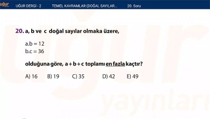 Temel kavramlar - Doğal sayılar - Tam sayılar alıştırma Test : 1 Soru: 20