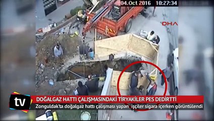 Doğalgaz hattı çalışmasında sigara içen işçiler mobesede