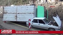 Zonguldak'ta kamyon otomobilin üzerine devrildi