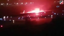 Rus uçağı pistten çıkarak yandı
