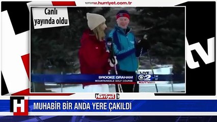 KADIN MUHABİR CANLI YAYINDA YERE ÇAKILDI
