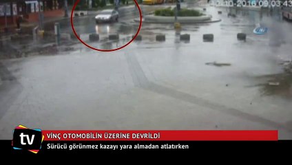 Vinç otomobilin üzerine devrildi