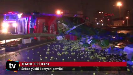 TEM'de sebze yüklü kamyon devrildi
