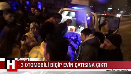 FRENİ BOŞALAN TIR, 3 OTOMOBİLİ BİÇİP EVİN ÇATISINA ÇIKTI