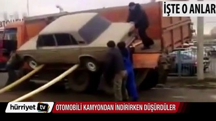 Otomobili kamyondan indirirken düşürdüler