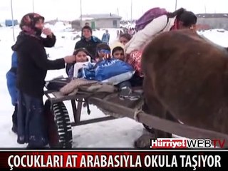 ANNE ÇOCUKLARI AT ARABASIYLA OKULA TAŞIYOR