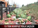 15 TON KARPUZ YOLA SAÇILDI