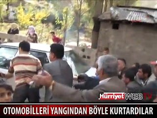OTOMOBİLLERİ YANGINDAN BÖYLE KURTARDILAR